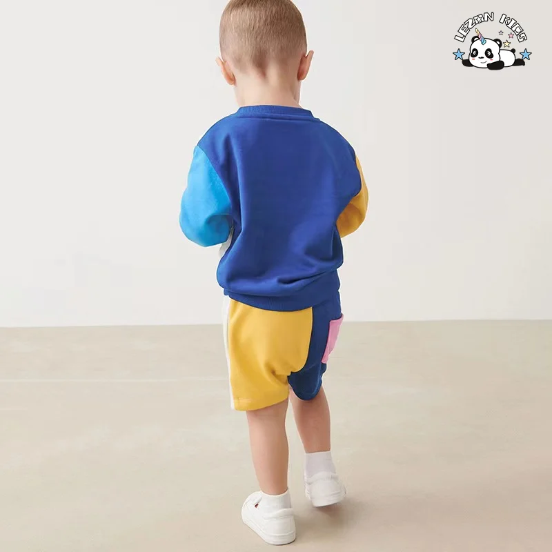 LEZONKIDS - Customizable High Street 2PCS Boys' Clothing Block Color Sweatshirt Shorts Boy Clothing Sets
